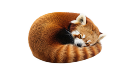 Red panda curled up sleeping on a white background.