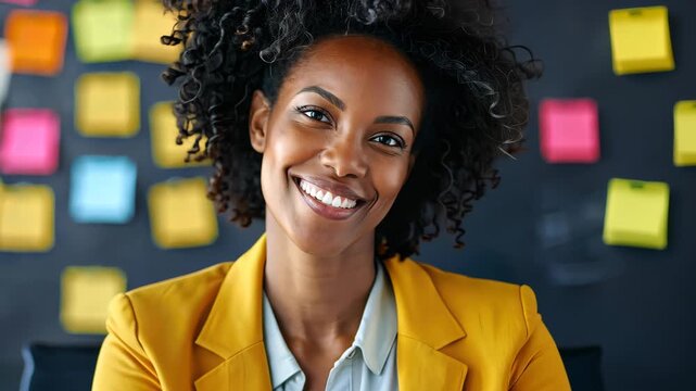 Smiling Portrait of Woman with Notes Background: A portrait of a confident woman is showcased against a backdrop of assorted sticky notes, exuding intelligence, warmth, and an optimistic outlook.