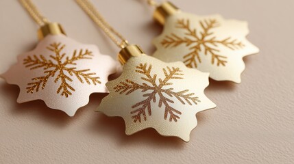Fototapeta premium Three delicate gold snowflake ornaments resting on a soft, beige fabric.