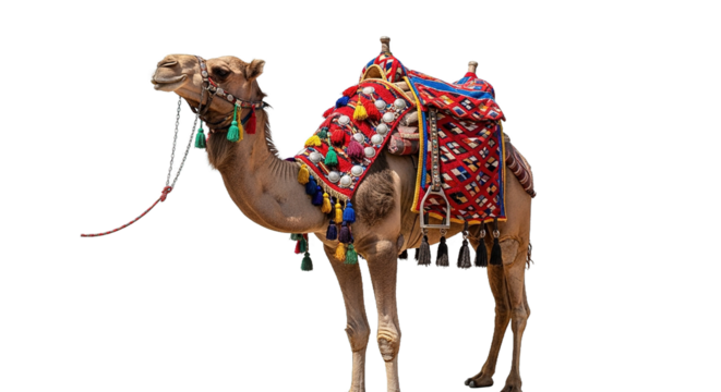 Camel with colorful saddle and bridle stands against a white background.
