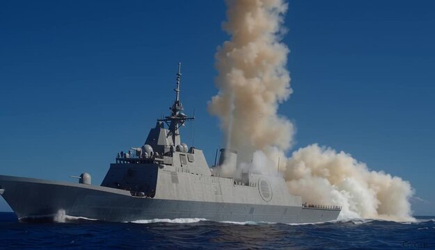 Gray naval corvette or frigate firing vertical launch missile with bright orange exhaust plume and white smoke cloud, modern warship on blue ocean waters during weapons test
