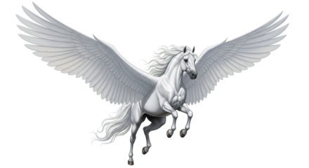 White pegasus with wings spread flying on a white background.