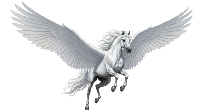 White pegasus with wings spread flying on a white background.