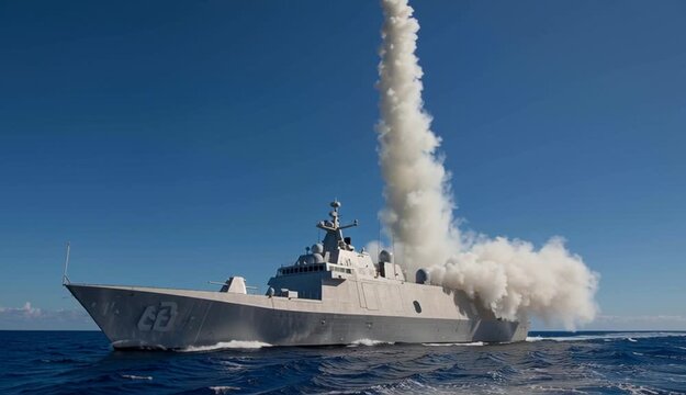 Gray naval corvette or frigate firing vertical launch missile with bright orange exhaust plume and white smoke cloud, modern warship on blue ocean waters during weapons test
