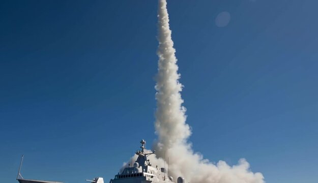 Gray naval corvette or frigate firing vertical launch missile with bright orange exhaust plume and white smoke cloud, modern warship on blue ocean waters during weapons test
