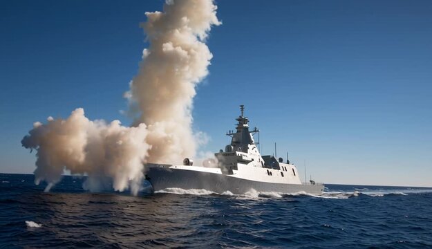 Gray naval corvette or frigate firing vertical launch missile with bright orange exhaust plume and white smoke cloud, modern warship on blue ocean waters during weapons test
