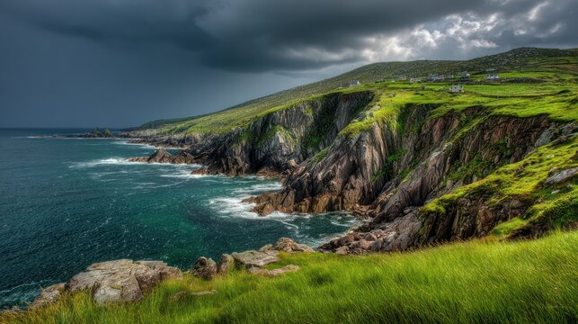 A dramatic coastal landscape showcases rugged cliffs meeting a restless sea, with lush green pastures and scattered dwellings perched atop the hills.