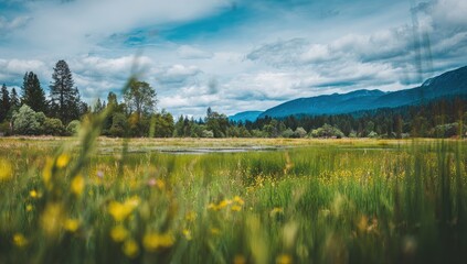 A tranquil landscape of a lush meadow with wildflowers, a calm marsh, and a distant mountain range under a partly cloudy sky.