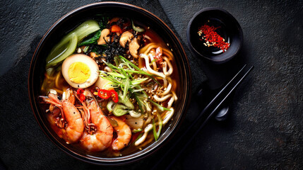 An appetizing bowl of ramen noodles. This dish contains savory broth with noodles, eggs, shrimp, and vegetables