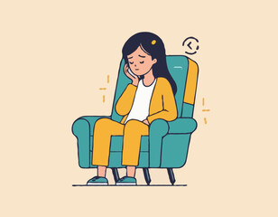 A young female exhausted character sitting in a chair with a low battery indicator above