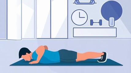 Animated man demonstrates push-up exercise on mat in gym for fitness and strength training - Powered by Adobe