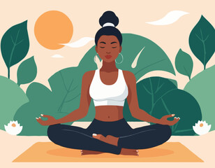 Meditation. Outdoor yoga. Harmony and relaxation. Calm black female character sitting in a lotus pose. Flat editable vector illustration, clip art. Modern healthy lifestyle