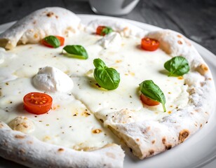 Close-up of a white pizza with cheese, tomatoes, and basil