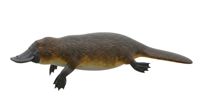 Platypus swimming isolated on white background.