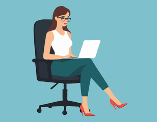 Young female manager sitting in a chair with the laptop. Freelancer. Modern office. Lifestyle. Flat editable vector illustration, clip art