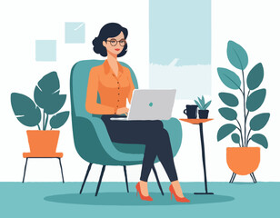 Young female manager sitting in a chair with the laptop. Freelancer. Modern office. Lifestyle. Flat editable vector illustration, clip art