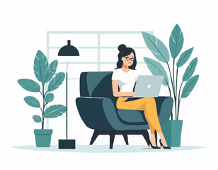 Young female manager sitting in a chair with the laptop. Freelancer. Modern office. Lifestyle. Flat editable vector illustration, clip art