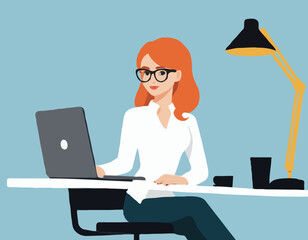 Young female manager sitting in a chair with the laptop. Freelancer. Modern office. Lifestyle. Flat editable vector illustration, clip art