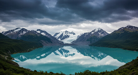Snowcapped mountains with glacier rivers