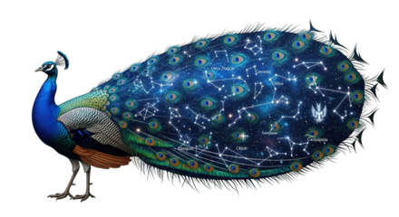 Peacock with a tail resembling a starry night sky isolated on white.