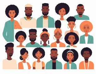 Black community, african people gathered together, a set of male and female characters wearing casual clothes and different hairstyles