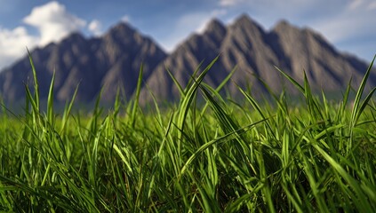 Lush green grass blades reach towards a backdrop of towering gray mountains under a partly cloudy sky.