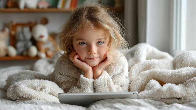 Young child relaxes under a plush blanket while using a tablet by the window, cozy home scene for family life