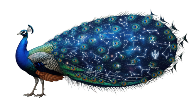 Peacock with a tail resembling a starry night sky isolated on white.