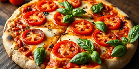 A classic Margherita pizza with melted mozzarella, ripe tomatoes, and fresh basil leaves, basil, delicious