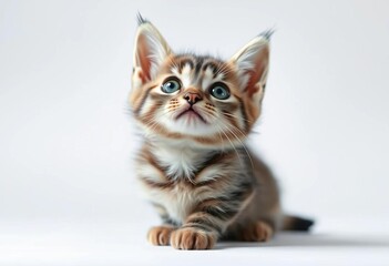 Fototapeta premium A playful grey tabby kitten with bright eyes looks upward, isolated on white, feline, sweet