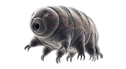 Water bear or tardigrade close-up on dark background showing its segmented body.