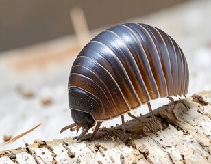 Close-up of a dark-colored woodlouse on bark