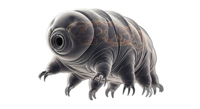 Water bear or tardigrade close-up on dark background showing its segmented body.
