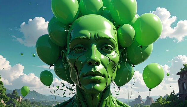3D portrait, green, balloons