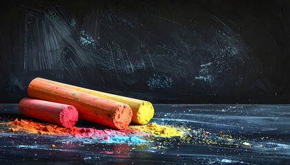 Colorful Chalk Sticks on Dark Background with Powder Residue