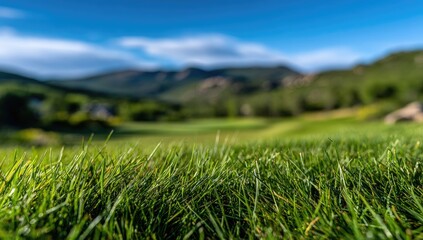 Close-up view of vibrant green grass blades on a golf course, with a blurred background of mountains and a clear sky.