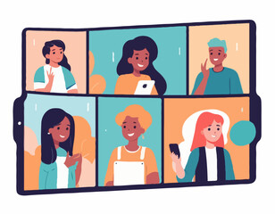 Group video call, virtual window frames, a diverse group of young characters gathering together online
