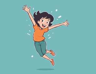 Young excited female character jumping and expressing positive emotions, having fun, good vibe