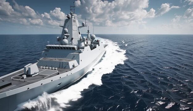 Modern naval frigate warship sailing at speed through blue ocean waters with white wake trail, sleek gray military vessel with 

stealth design features, radar systems and weapons platforms
