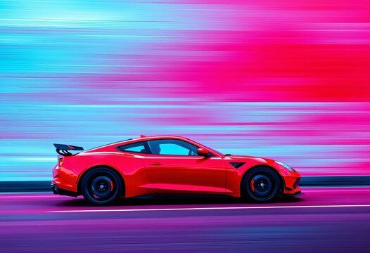 Blurred red sports car streaks across abstract blue and red background ,  racing,  zoom