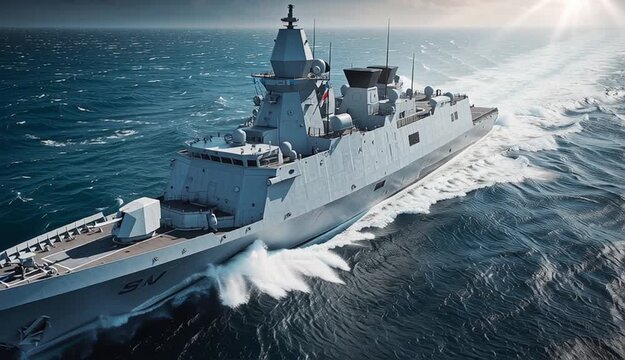 Modern naval frigate warship sailing at speed through blue ocean waters with white wake trail, sleek gray military vessel with 

stealth design features, radar systems and weapons platforms
