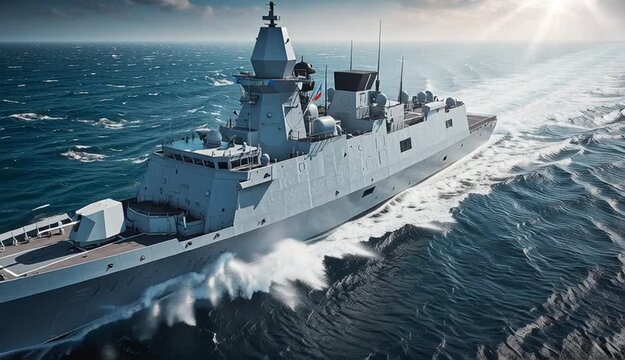 Modern naval frigate warship sailing at speed through blue ocean waters with white wake trail, sleek gray military vessel with 

stealth design features, radar systems and weapons platforms
