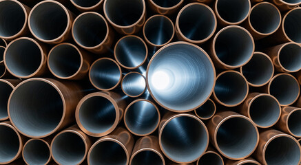 Abstract close-up of various sizes of stacked copper pipes with light shining through the center tube
