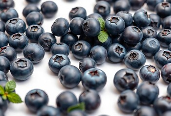 Close-up of vibrant blueberries, scattered on pristine white, texture, summer