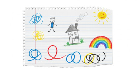 Fototapeta premium Child's colorful drawing captures imaginative world with house rainbow and playful scribbles