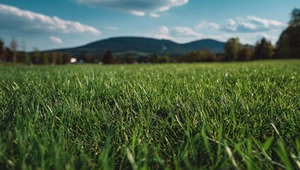 Lush green grass field stretches out towards a distant mountain range on a sunny day.