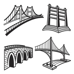 A collection of four distinct black and white vector illustrations of various architectural bridge designs showcasing different engineering styles and construction methods