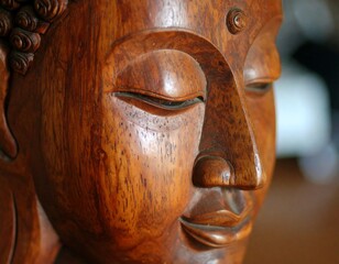 Close-up of a wooden Buddha face
