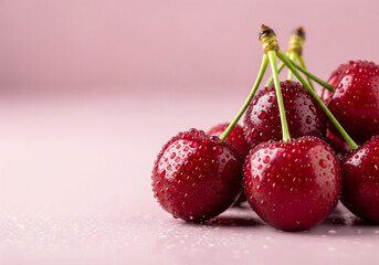 A close-up of a cluster of fresh, ripe, red cherries covered in water droplets, sitting on a wet, pink surface with a soft-focus pink background. Generative AI.