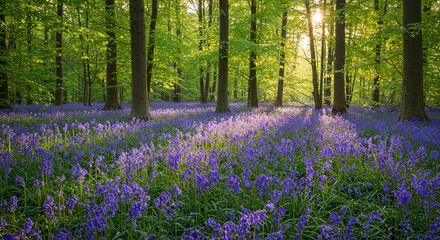 Bluebell flowers carpeting a spring forest floor